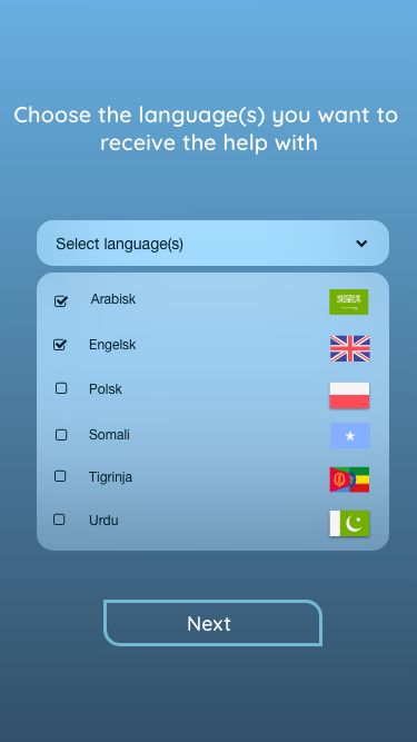 This image shows the 'select language' screen from the app.